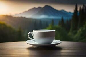 a cup of coffee on a table in the mountains. AI-Generated photo