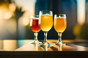 three glasses of beer on a table in front of a city skyline. AI-Generated photo