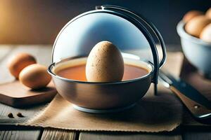 an egg in a metal bowl with a knife. AI-Generated photo