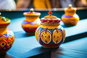 vistoso floreros en un mesa con velas generado por ai foto