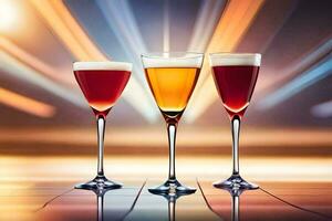 three glasses of different colored drinks on a table. AI-Generated photo