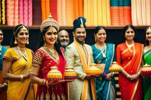 indian women in traditional attire holding lamps. AI-Generated photo