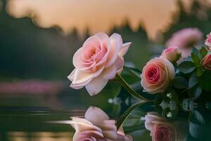 pink roses are reflected in the water at sunset. AI-Generated photo