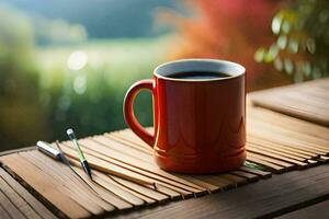 un rojo café taza se sienta en un de madera mesa con un cepillo y un lápiz. generado por ai foto