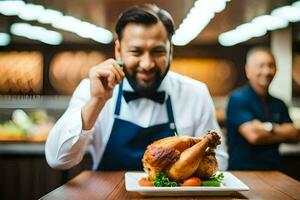 a man in a chef's apron is holding a turkey. AI-Generated photo