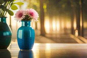 two blue vases with flowers on a table. AI-Generated photo