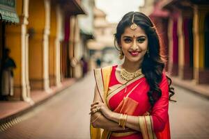 a beautiful indian woman in a red and yellow sari. AI-Generated photo
