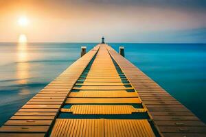 un largo de madera muelle estiramientos fuera dentro el Oceano a puesta de sol. generado por ai foto