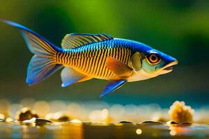 a fish with blue and yellow stripes is swimming in the water. AI-Generated photo