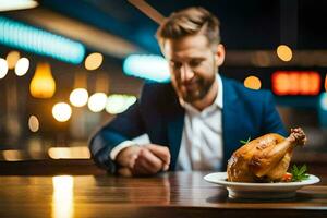 a man in a suit is looking at a chicken on a plate. AI-Generated photo