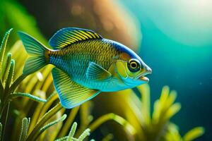 a fish in the ocean with plants and sunlight. AI-Generated photo