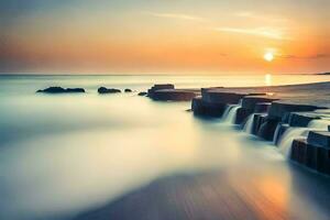 a long exposure photograph of a beach at sunset. AI-Generated photo