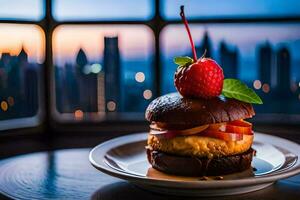 a burger with strawberries and a view of the city. AI-Generated photo