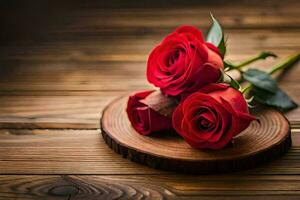 two red roses on a wooden table. AI-Generated photo