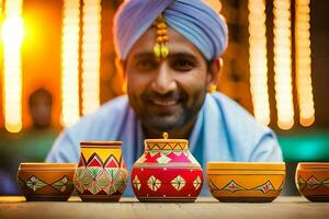 a man in turban with colorful pots and bowls. AI-Generated photo