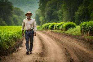 a man in a hat walks down a dirt road. AI-Generated photo