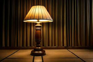 a lamp on a table in front of a curtain. AI-Generated photo