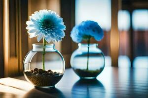 two blue flowers in glass vases on a table. AI-Generated photo