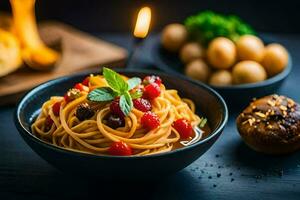 espaguetis con Tomates y albahaca hojas en un bol. generado por ai foto