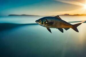 a fish is flying over the ocean at sunset. AI-Generated photo