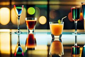 a group of glasses with different colored drinks. AI-Generated photo