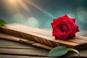 a single red rose sits on a wooden board. AI-Generated photo