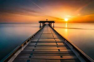 un largo exposición foto de un muelle a puesta de sol. generado por ai