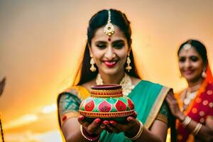 a woman in traditional indian attire holds a pot in her hands. AI-Generated photo