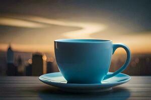 a blue cup sits on a table with a city in the background. AI-Generated photo
