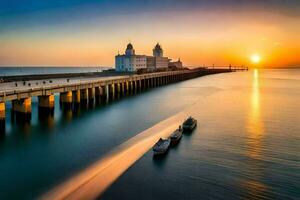 the sun sets over a pier and a building. AI-Generated photo