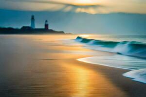 a lighthouse is seen in the distance on a beach. AI-Generated photo