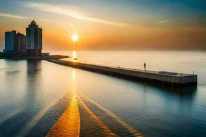 the sun rises over the water and a pier. AI-Generated photo