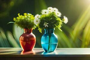 two vases with flowers on a table. AI-Generated photo