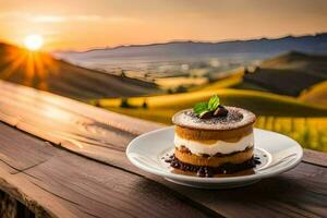 un postre en un plato con un ver de el puesta de sol. generado por ai foto