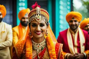 a bride in traditional indian attire with her bridesmaids. AI-Generated photo