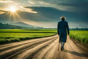 un hombre en un traje camina abajo un suciedad la carretera. generado por ai foto