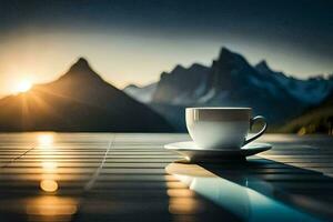 café taza en el terraza, montañas, amanecer, hd fondo de pantalla. generado por ai foto