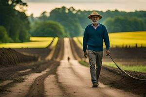 an older man walking down a dirt road with a dog. AI-Generated photo