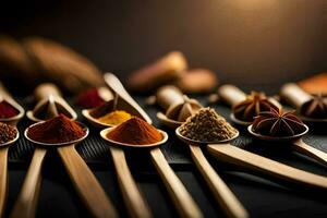spoons with different types of spices in them. AI-Generated photo