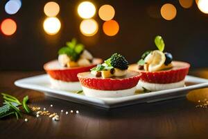 small appetizers on a plate with lights in the background. AI-Generated photo