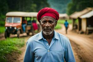 a man in a turban walks down a dirt road. AI-Generated photo