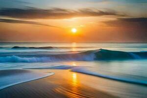 sunset over the ocean with waves crashing into the shore. AI-Generated photo