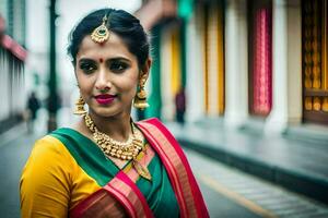 a woman in a colorful sari and gold jewelry. AI-Generated photo