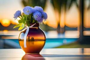 a vase with purple flowers sitting on a table in front of a pool. AI-Generated photo