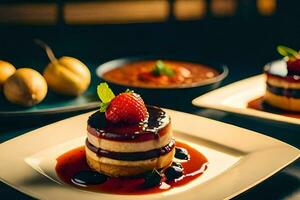 two desserts on white plates with strawberries and sauce. AI-Generated photo