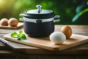 an egg and a pot on a cutting board. AI-Generated photo