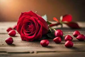 a single red rose on a wooden table with red berries. AI-Generated photo