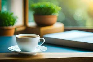 a cup of coffee on a table in front of a window. AI-Generated photo