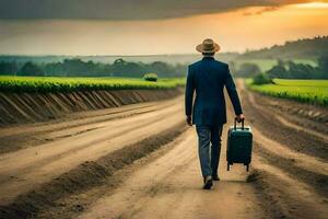 un hombre en un traje y sombrero caminando abajo un suciedad la carretera con un maleta. generado por ai foto