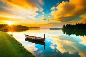 un barco se sienta en el agua a puesta de sol. generado por ai foto